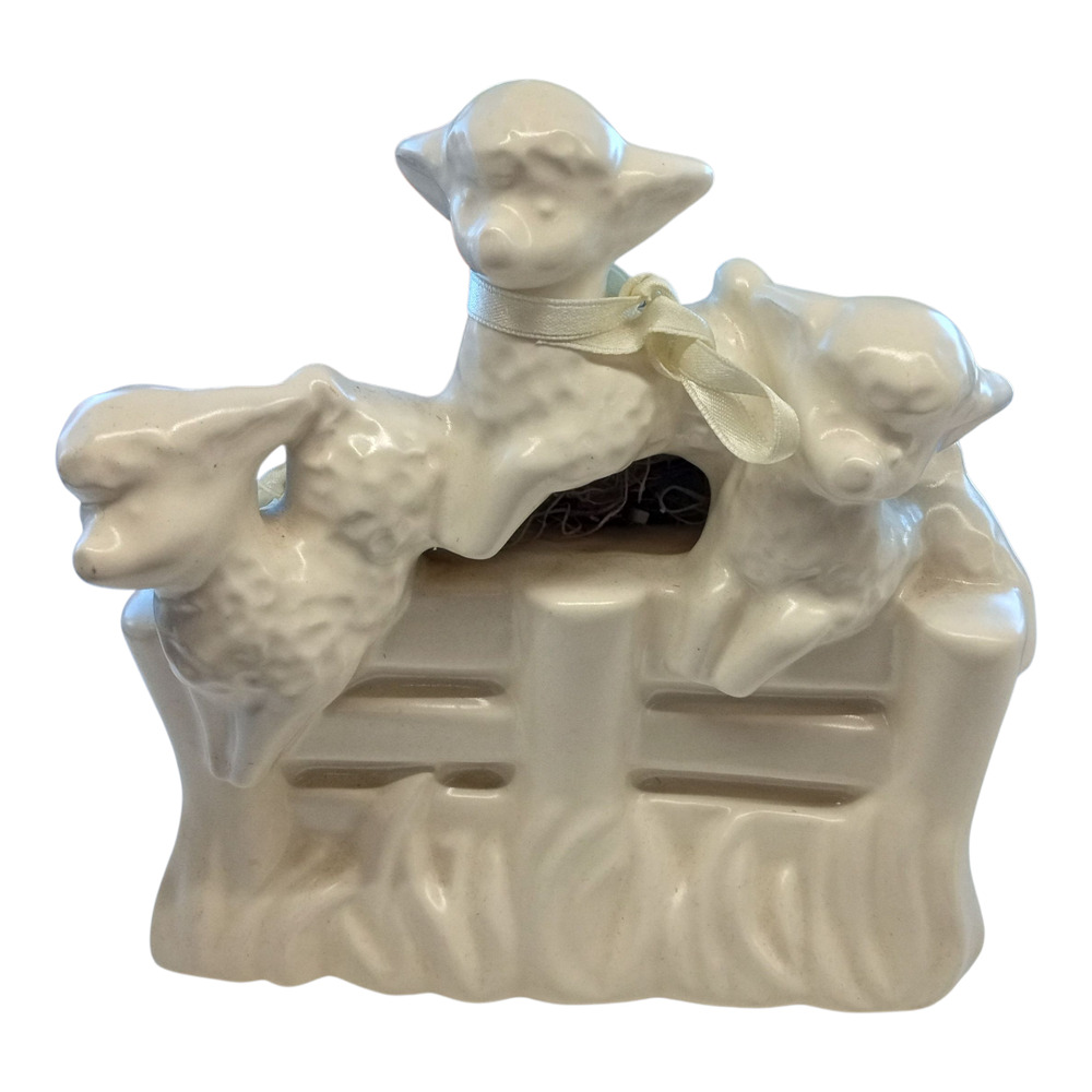 Vintage MCM Haeger Three Lambs Jumping Over Fence Planter White #3505